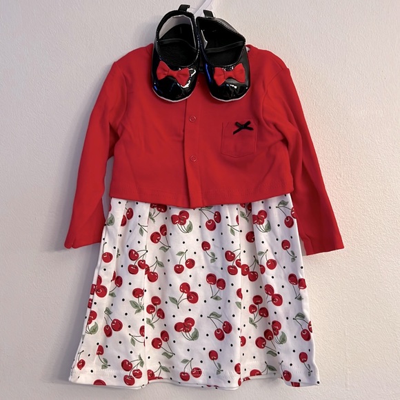 HB Little Girl Cherry Matching Set 3pc Outfit - Shoes, Jacket, Dress 9-12M NEW - Picture 1 of 7